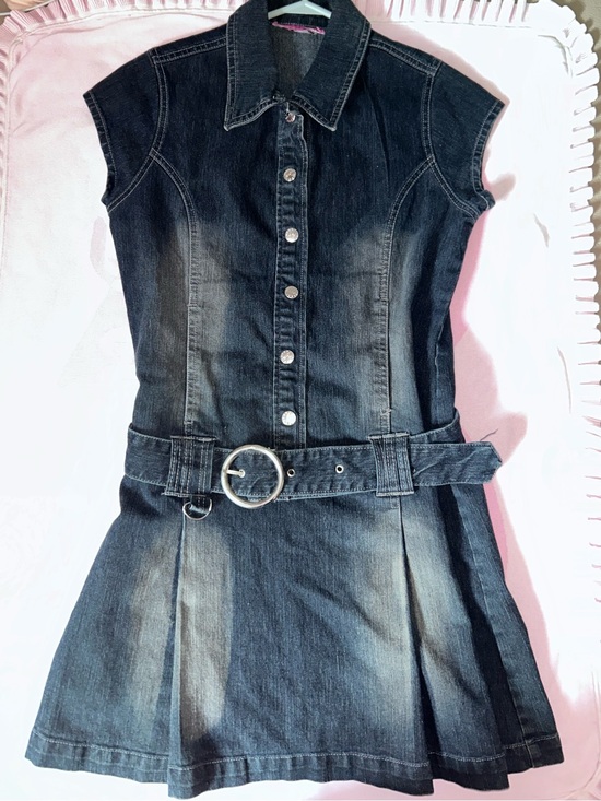Vintage Dresses & Skirts - Vintage Pleated Sleeveless Dark Wash Denim Dress with Belt